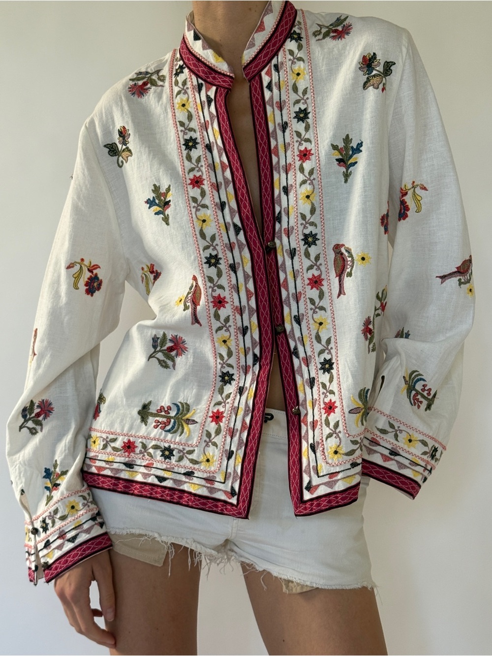 Zara White Embroidered Jacket with Pink Trim